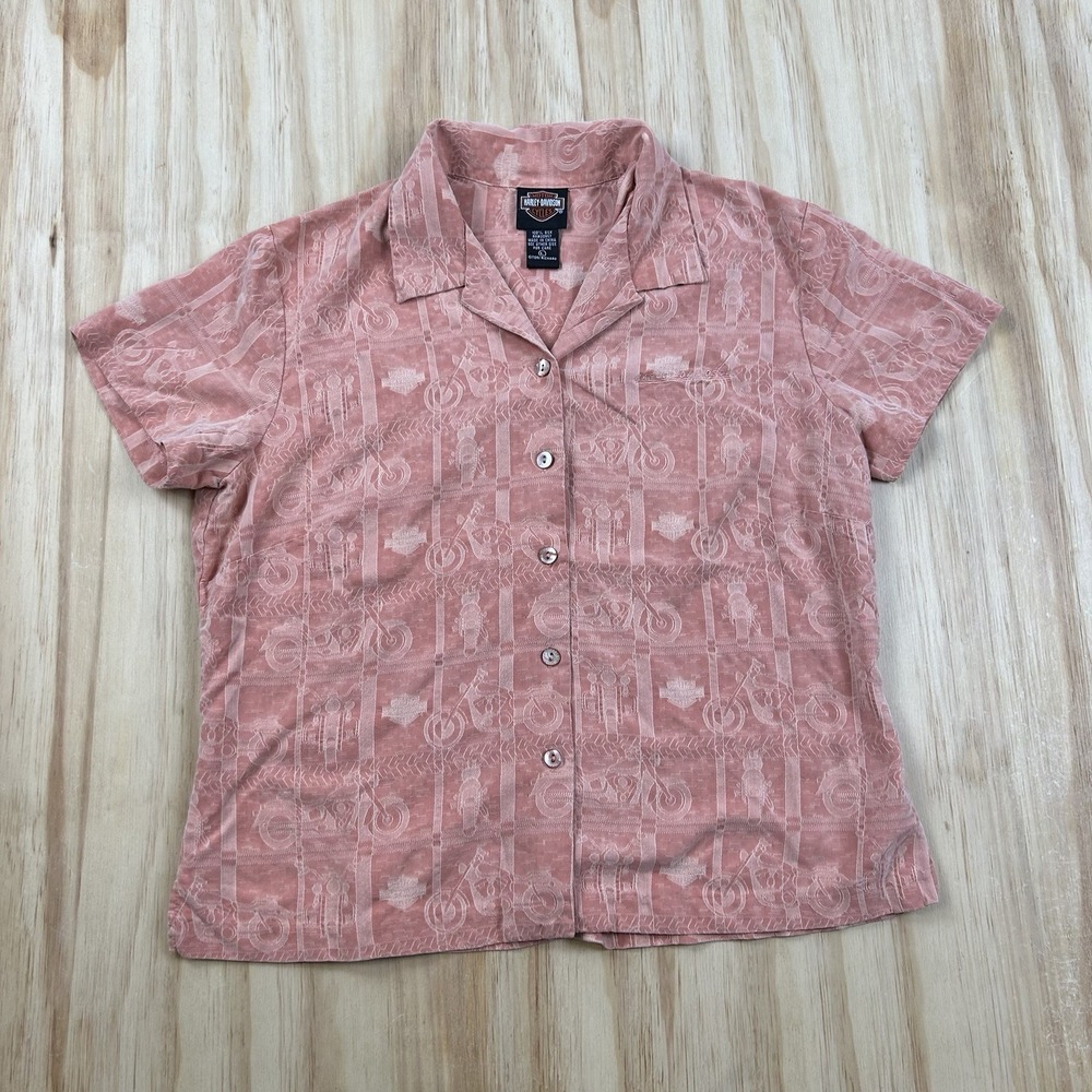 Harley-Davidson Women's Large Pink Silk Hawaiian Shirt Short Sleeve Button Up